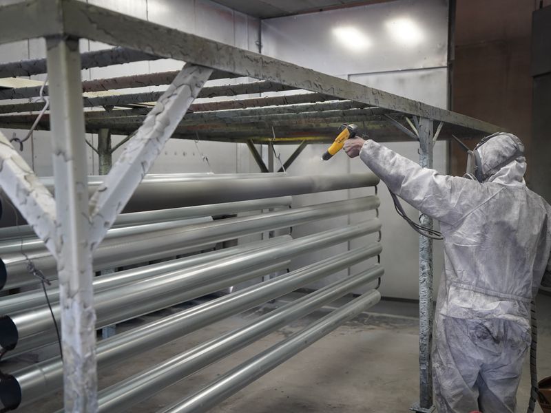 A technician in protective equipment applying industrial powder coating